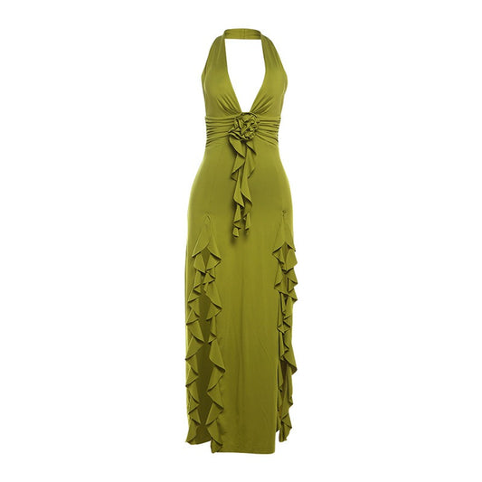 European and American women's new summer style sexy deep V-neck hanging neck slit solid color flower decoration dress