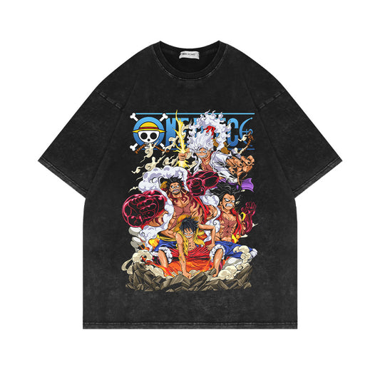 280G Heavyweight Washed Old Half Sleeve T Shirt American Vintage Oversize Anime Pirate King Luffy Short Sleeve T