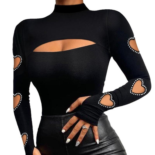 European and American women's fashion trend: heart-shaped hollowed out bubble bead long sleeved lace tight top