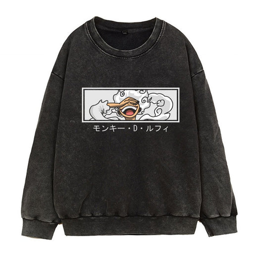 Washed retro distressed hoodie in Japanese Manica form, fifth grade Luffy Gear 5 anime print round neck top