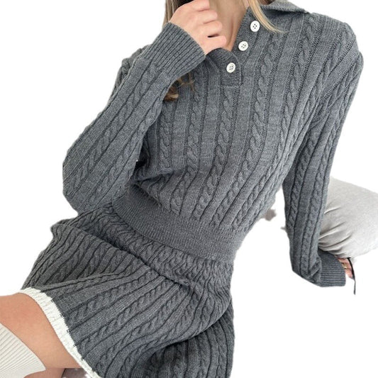 New European and American casual skirt set long sleeved knitted button sweater short skirt two-piece set for women