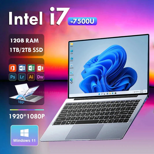 2024 Ultra Slim i7 Laptop Computer PC 14.1" intel Core i7-7500U Laptops 12G RAM 1TB 2TB SSD Portable Laptop Notebook Windows 11