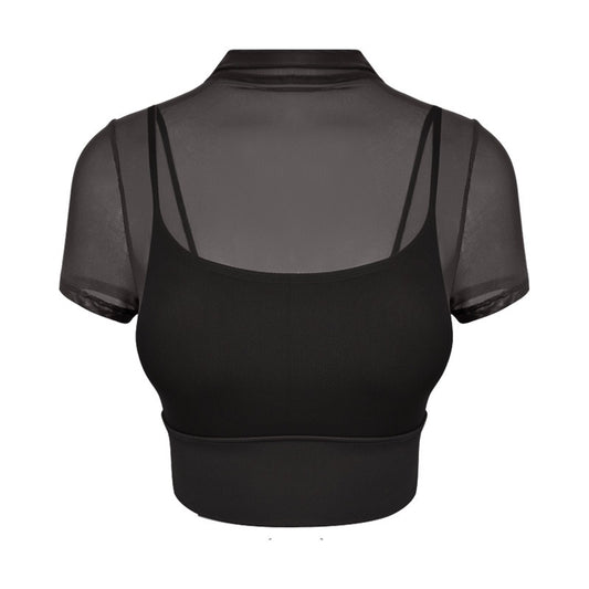 Yoga outfit for women with chest cushion mesh fake two-piece fitness suit sports training short sleeved vest