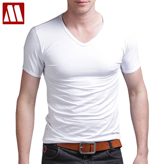 MYDBSH Elastic Cotton Mens T Shirts Big size Fitness Men T-Shirt Homme Fashion V Neck Short Sleeve Solid Color 2024 Casual Tees