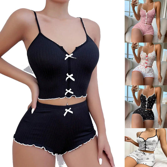 2 Pieces Set Women's Pajama Shorts Heart Print Pajama Set Sexy Lingerie Camisoles Tanks Nighty Female Loungewear Homewear Suits