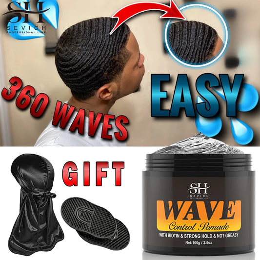 360 Wave Pomade Style Gel With Brush Natural Anti-Hair Loss Wavy Frizz Control Cream Strong Hold Nourishing Scalp Wave Cream Kit