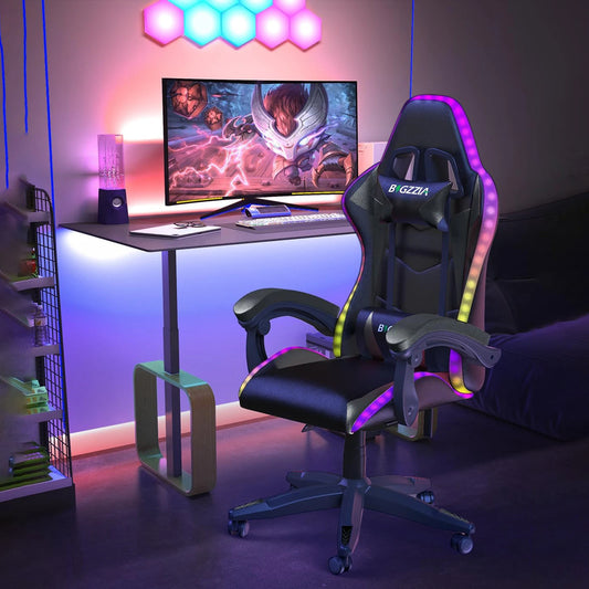 RGB Gaming Chair LED Lights Ergonomic Computer Chair Reclining PU Leather High Back Video Office Chair Adjustable Lumbar Support