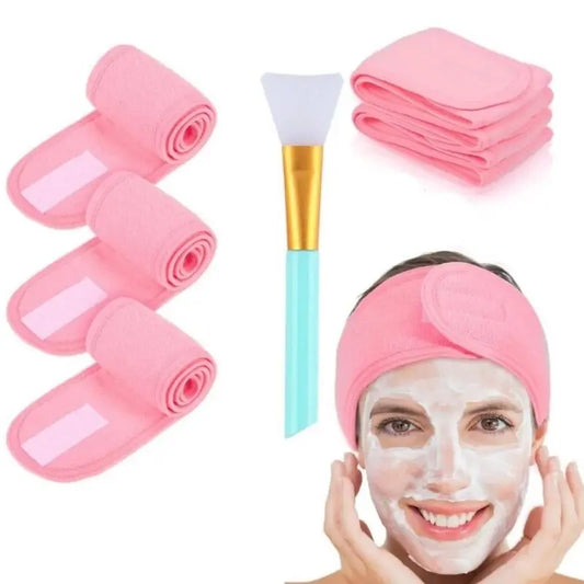 3pcs Adjustable Facial Headband with 1 Mask Brush Yoga Spa Bath Shower Makeup Wash Face Cosmetic Head Band Make Up Accessories