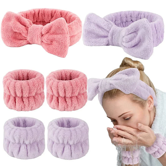 Wash Face Headbands For Women Coral Fleece Cuff Waterproof Absorbent Wristbands Head Band Hair Accessories Set