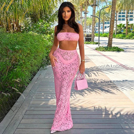 BUILDINGB Sexy Solid Color Lace See Through Summer Party Beach 2 Piece Set Strapless Crop Top+Long Skirts Sets Women 2024 Outfit